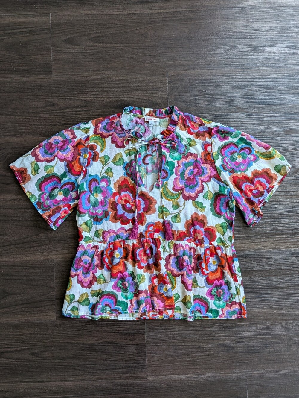 Johnny Was Floral Calanthe High Low Empire Waist Top Boho 100% Cotton Medium